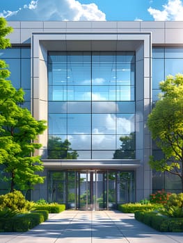 Contemporary office building features a glass facade and beautiful landscaping