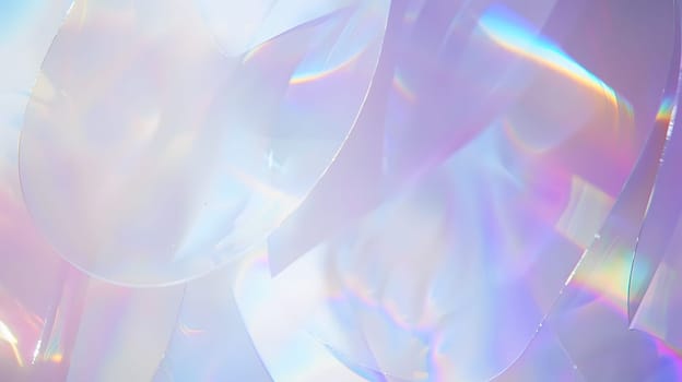 A close up of a holographic background with a rainbow reflection resembling the colors of the sky, water, clouds, and space including purple, violet, electric blue, magenta, and more