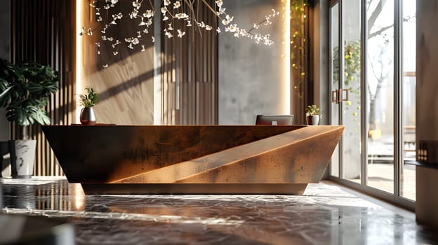 Contemporary reception desk in a sunlit, chic interior with elegant decor