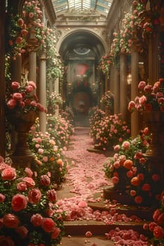 A hallway overflowing with a stunning display of pink roses and delicate petals, creating a beautiful landscape of flowers for a special event or artistic flower arranging
