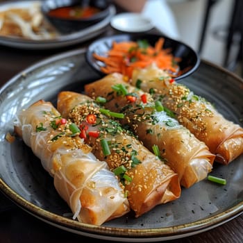 A close up of a plate of Popiah, a traditional Asian spring roll dish, showcasing fresh and colorful ingredients on a beautifully set table