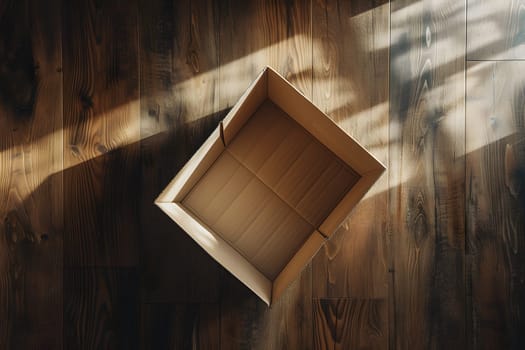 An empty cardboard box sits on a wooden floor illuminated by natural sunlight.
