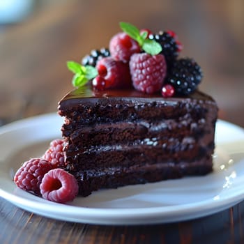 A delicious slice of chocolate cake topped with fresh raspberries and blackberries, the perfect combination of baked goods and fruit in a decadent dessert dish