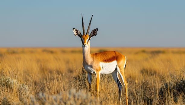 A deer is standing in a grassland, staring at the camera with the sky in the background. The natural landscape is serene and peaceful