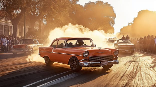 Powerful sports cars race through city streets at sunset, leaving a trail of smoke, thrilling spectators with high speed action