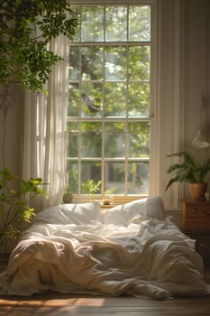 A houseplant sits in a flowerpot on a wooden bedside table next to a window in the bedroom. Sunlight streams through the window, casting a comfortable shade in the house