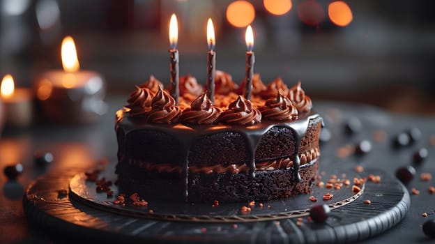 A rich chocolate cake adorned with lit candles, perfect for a special celebration