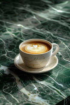 Enjoy a cup of cappuccino served on a saucer, placed on a stylish marble table. Pair it with a Wiener melange or Cortado for a perfect coffee break