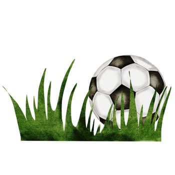 Soccer ball watercolor. Football ballon the grass hand drawn illustration isolated on white background. Sports equipment. For football club logo, poster and football match tickets. High quality illustration