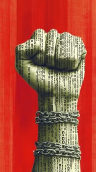 Clenched fist with binary code breaking free from chains, representing the power of technology and the fight for digital freedom