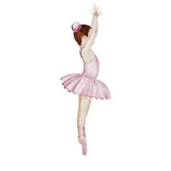 Ballerina watercolor. Ballet girl. Hand drawn incredible dancer in pink tutu skirt. Clip art on isolated white background of cute ballet beauty. Perfect for poster and cards, princess daughter room design. High quality illustration