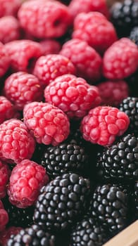 Close up of ripe raspberries and blackberries showcasing vibrant colors and fresh textures.