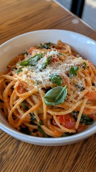 A bowl of spaghetti topped with fresh basil, tomatoes, and grated cheese, served on a wooden table.