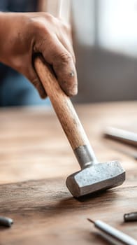 Close up of a carpenter's hand holding a hammer, working on a wooden surface with precision.