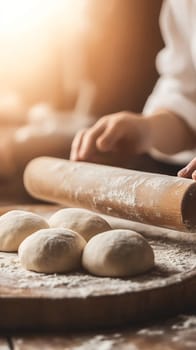 A baker rolling dough into smooth balls on a floured surface, with warm sunlight streaming in.