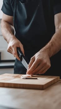 A chef wearing a black apron slices ingredients on a wooden board, focused on precision.