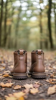 A pair of sturdy brown boots resting on a leaf covered forest path, symbolizing adventure and exploration.