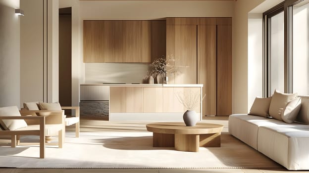 Bright minimalist living room, kitchen area with wooden furnishings, large windows
