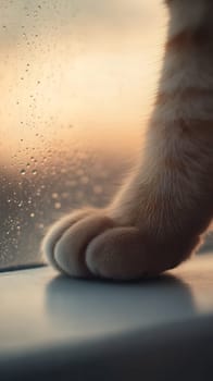 A soft cat paw resting against a rainy window, capturing a moment of cozy introspection during a sunset.