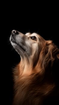 A noble looking dog gazing upward against a black background, highlighting its fur and expressive eyes.