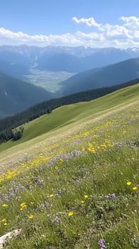A lush mountain meadow covered in wildflowers with a breathtaking view of distant peaks under a clear sky.