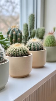 A collection of potted cacti on a sunny windowsill, adding a touch of desert greenery to the interior.