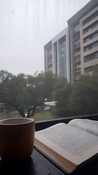 A cozy scene with a steaming cup of coffee and an open book by a rainy window, perfect for a relaxing day.