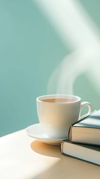 A steaming cup of coffee next to stacked books in sunlight, offering a calm and inviting morning atmosphere.