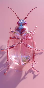 An arthropod insect, with a pink and magenta color scheme, is perched on a surface. Its fluidfilled body shines with electric blue, creating a symmetrical art piece