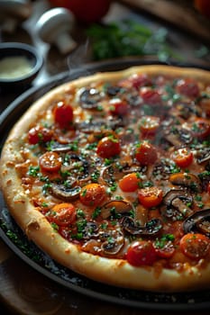 A Californiastyle pizza with mushrooms and tomatoes, featuring pizza cheese, baked on a pan and served on a table as fast food