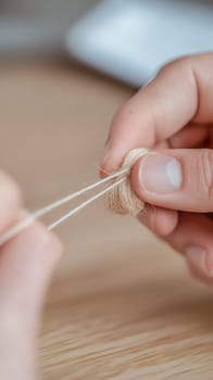 Close up of hands carefully twisting yarn, showcasing the art of crafting and textile production.
