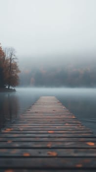 A mysterious wooden dock stretches into a mist covered lake, surrounded by autumn trees in a tranquil setting.