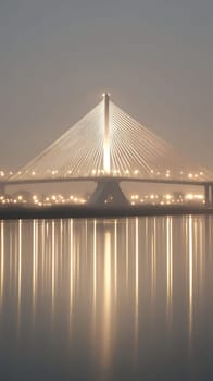 A beautifully illuminated bridge spans across calm waters at dusk, reflecting its lights in a serene scene.