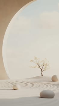 A minimalist tree stands in a serene zen garden, creating a peaceful and harmonious atmosphere with flowing sand patterns.