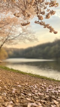 Delicate cherry blossoms hang over a serene lake, creating a peaceful and picturesque springtime scene.