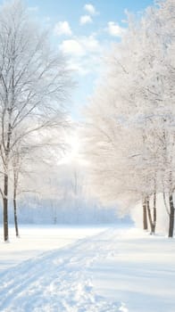 A snowy path lined with frosty trees under a clear blue sky, capturing the essence of winter beauty.