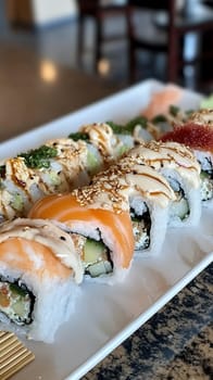 A plate of assorted sushi rolls with vibrant colors and flavors, showcasing culinary artistry.