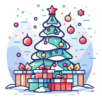 A festive cartoon illustration of a Christmas tree adorned with ornaments and gifts underneath, showcasing holiday decorations and the spirit of the season