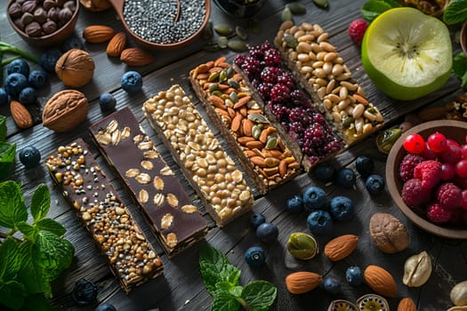 There is a variety of granola bars made with natural ingredients like fruits and superfoods on the table, ideal for a healthy snack or meal replacement