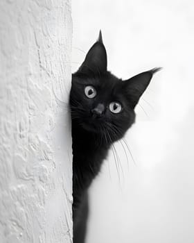 A small to mediumsized black cat, belonging to the Felidae family, with bright yellow eyes and whiskers, peeks out from behind a white wall