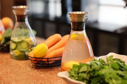 A truly vibrant and colorful display of fresh vegetables and refreshing drinks, perfect for a healthy lifestyle