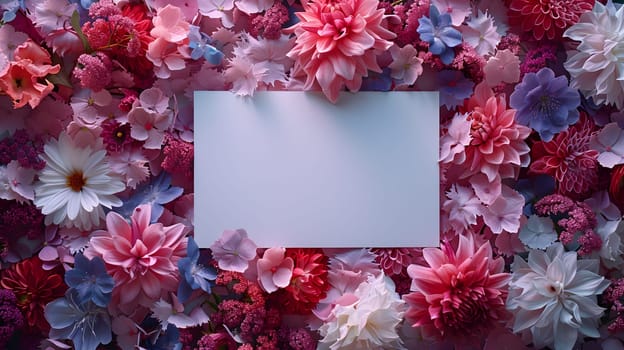 A white card is adorned with pink and purple flowers, creating a beautiful contrast. The delicate petals of the flowers stand out against the electric blue background, showcasing the beauty of nature