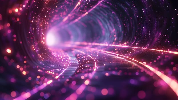 A person is traveling through an astronomical objectthemed purple tunnel with a glowing light at the end, surrounded by shades of violet, magenta, and electric blue