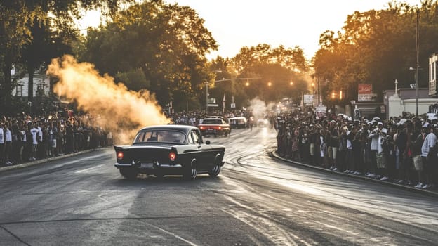 Powerful sports cars race through city streets at sunset, leaving a trail of smoke, thrilling spectators with high speed action
