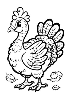 A black and white illustration of a bird from the Phasianidae family, resembling a chicken, with a prominent head and beak, standing next to leaves