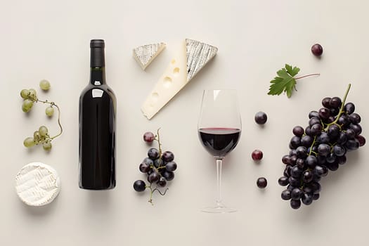 Wine bottle with cheese, grapes and red wine on white background, top view.