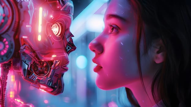 Face-to-face encounter between a young woman and a highly advanced AI robot.
