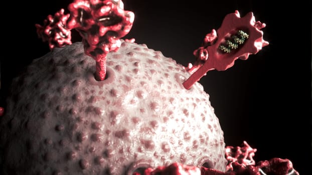 A highly detailed 3D rendering shows a virus particle, likely a coronavirus, with spike proteins and an exposed segment of genetic material, representing the mRNA vaccine interaction concept.
