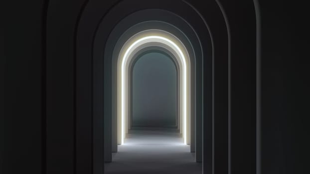 A dark corridor with illuminated arches creating depth and a minimalist, futuristic ambiance