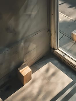 A wooden block rests on the hardwood floor by the window, adding a touch of natural warmth to the rooms fixtures in the house